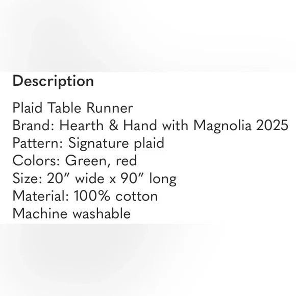 HEARTH & HAND NEW signature plaid table runner -red/green -90x20 - Picture 4 of 5